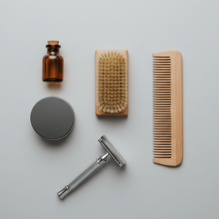 Flat-lay of beard grooming essentials including beard oil, balm, brush, comb and safety razor on a neutral grey background