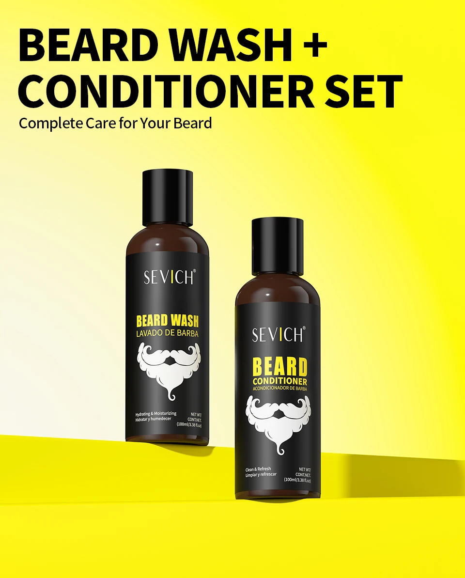 Sevich beard wash and conditioner set on a yellow background