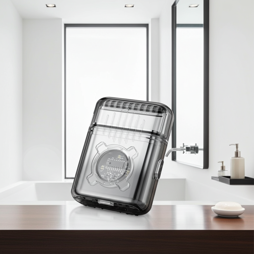 Clear electronic device on a bathroom counter with a mirror and sink in the background