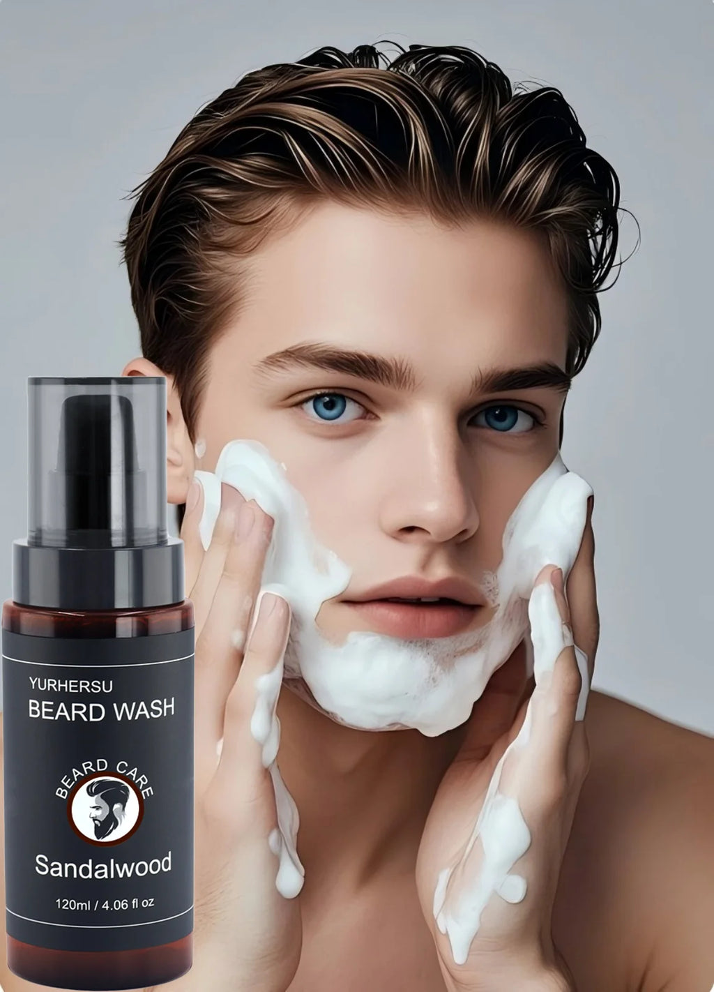 Man applying beard wash to his face with a bottle of YURHERSU Sandalwood Beard Wash.