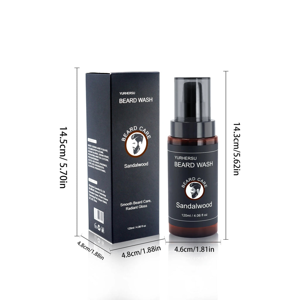Sandalwood Beard Wash bottle and packaging with dimensions on a white background