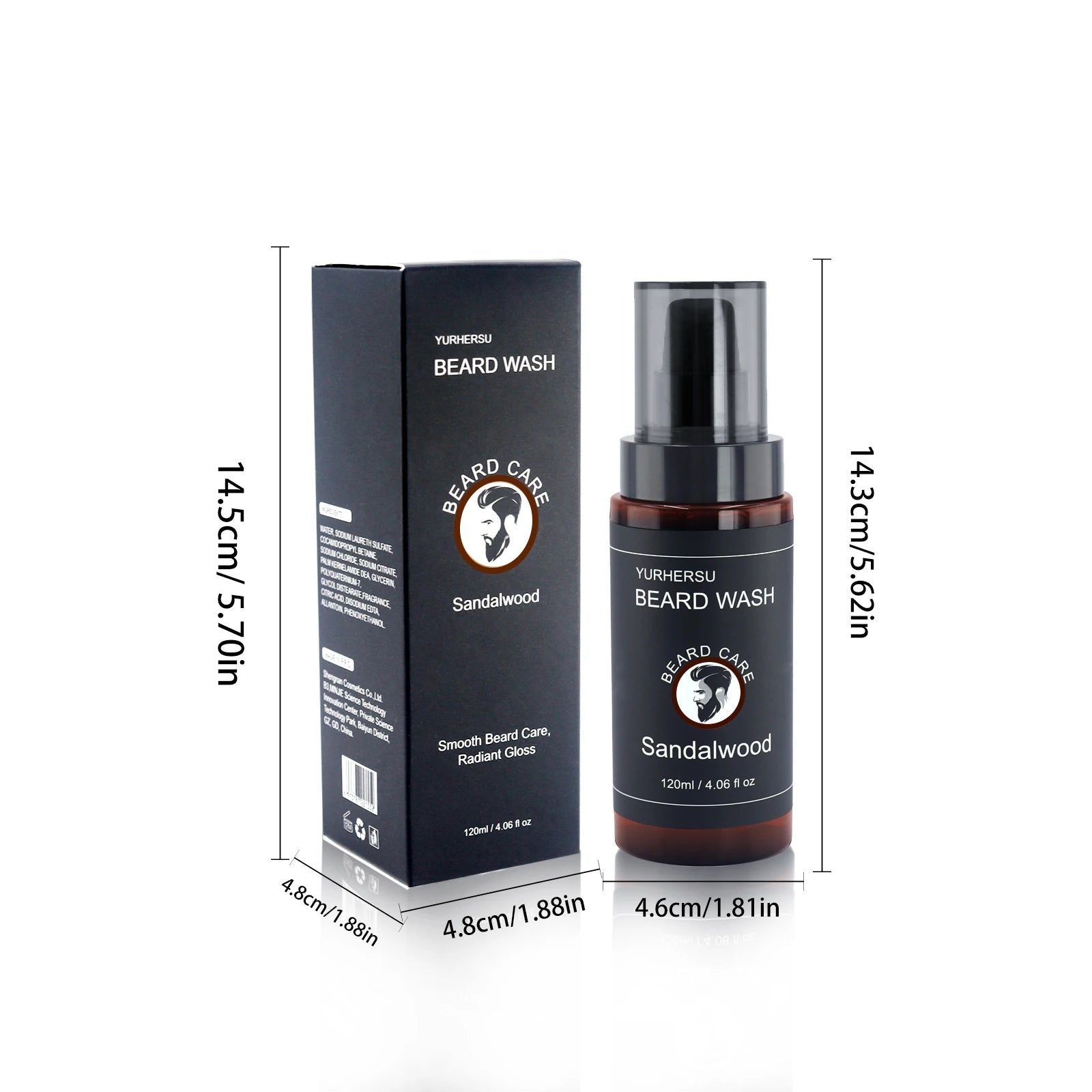 Sandalwood Beard Wash bottle and packaging with dimensions on a white background