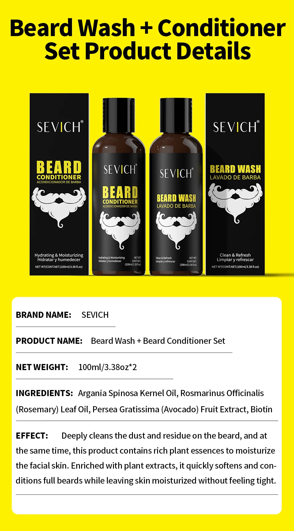 Men's beard care set showing product size and packaging