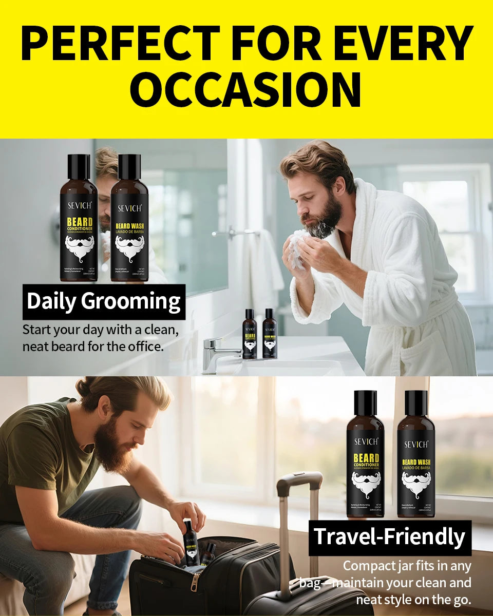 Complete men's beard care kit with natural wash and conditioner bottles