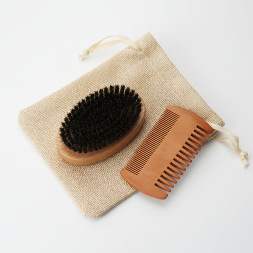 Wooden comb and brush set with a drawstring bag on a light background