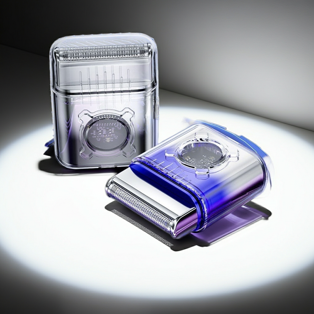 Two electric shavers, one clear and one purple, on a reflective surface with a dark background.