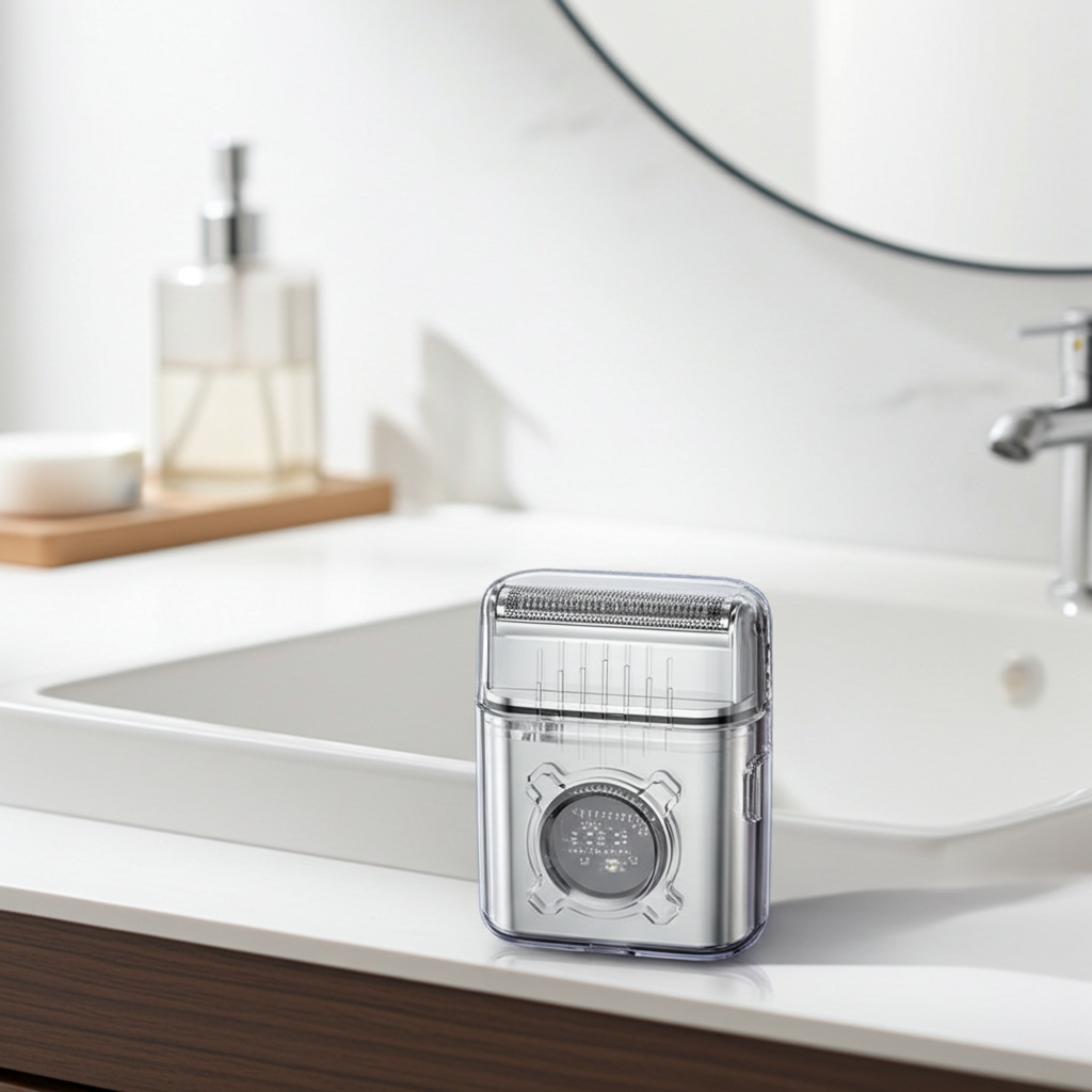 Electric shaver on a bathroom counter with a blurred background